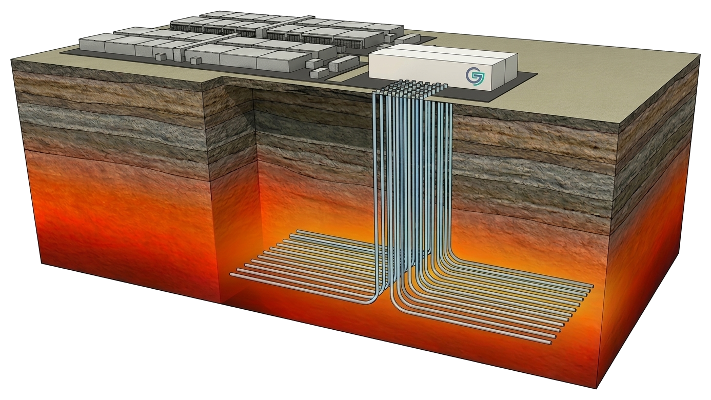 GeoGen Box multi-well layout: compact surface package and industrial load above sealed well laterals in hot subsurface rock